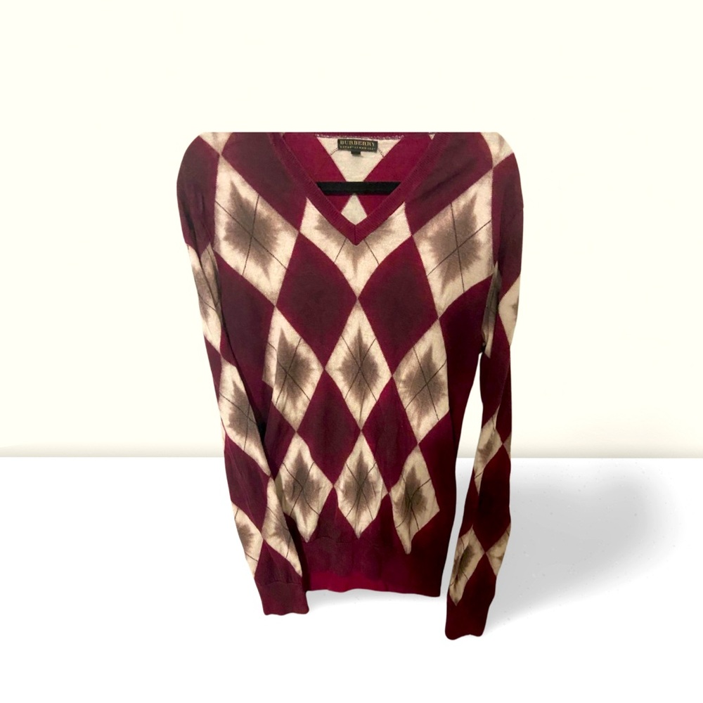 Burberry Sweater Mens Medium Maroon Argyle Long Sleeve VTG Jumper V Neck